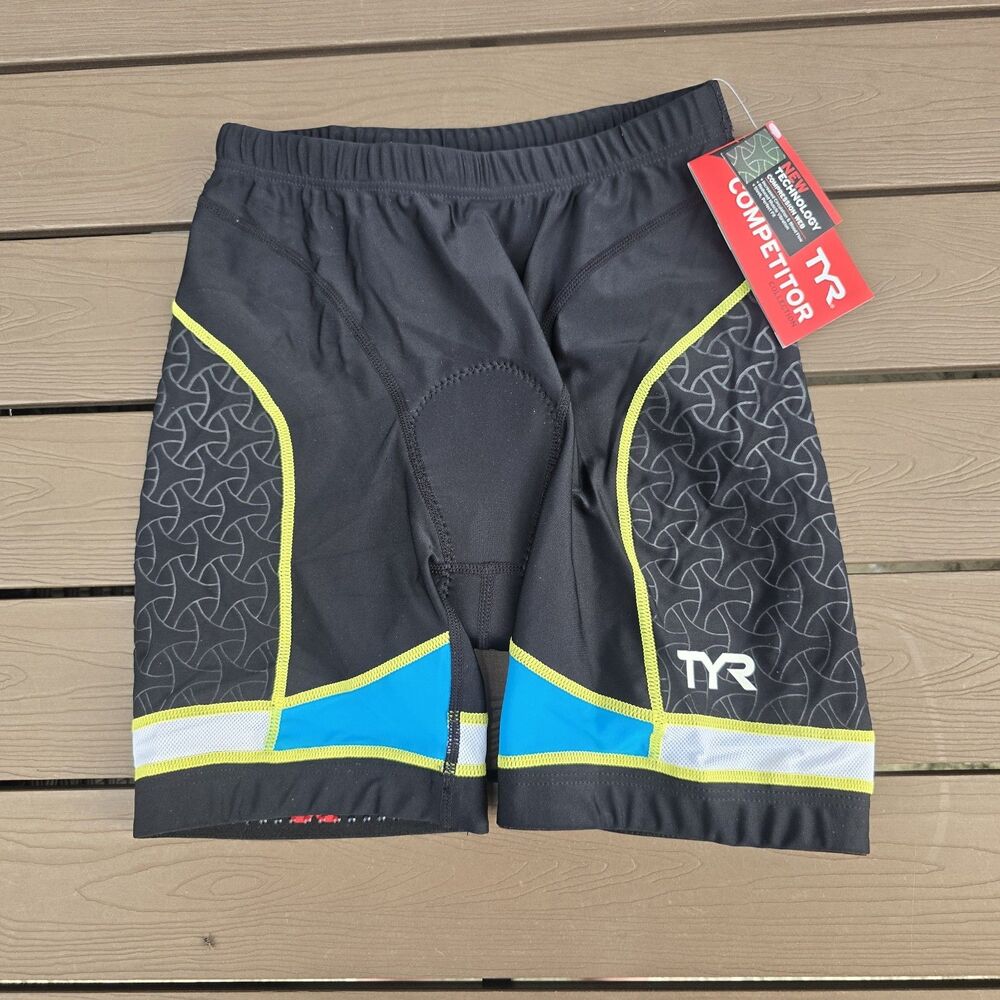 TYR Womens 6" Competitor Tri Triathlon Padded Shorts Black/Yellow/blue Sz M New